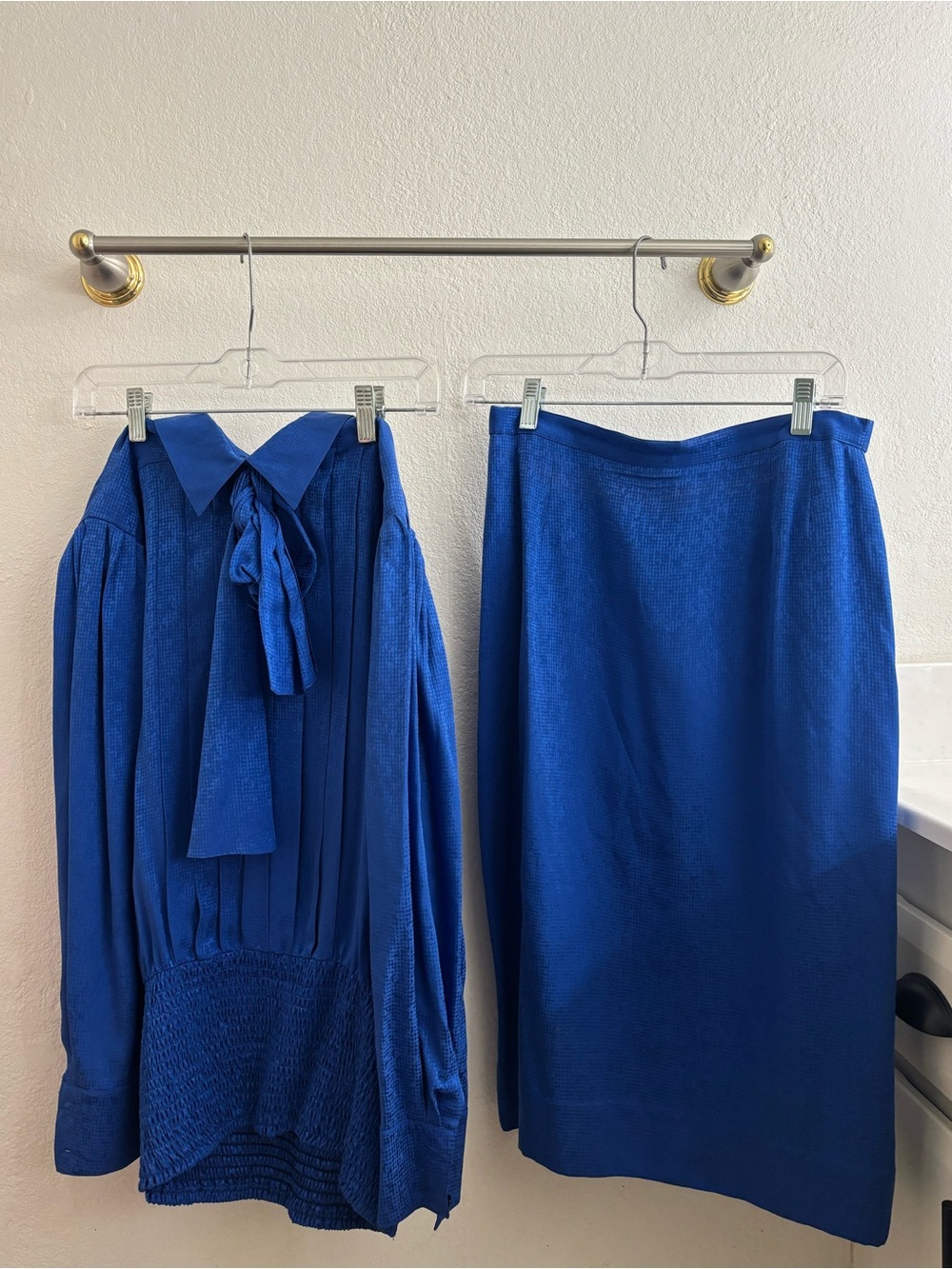 Vintage Louis Féraud 100% Silk Royal Blue Bow Blouse & Pencil Skirt Set